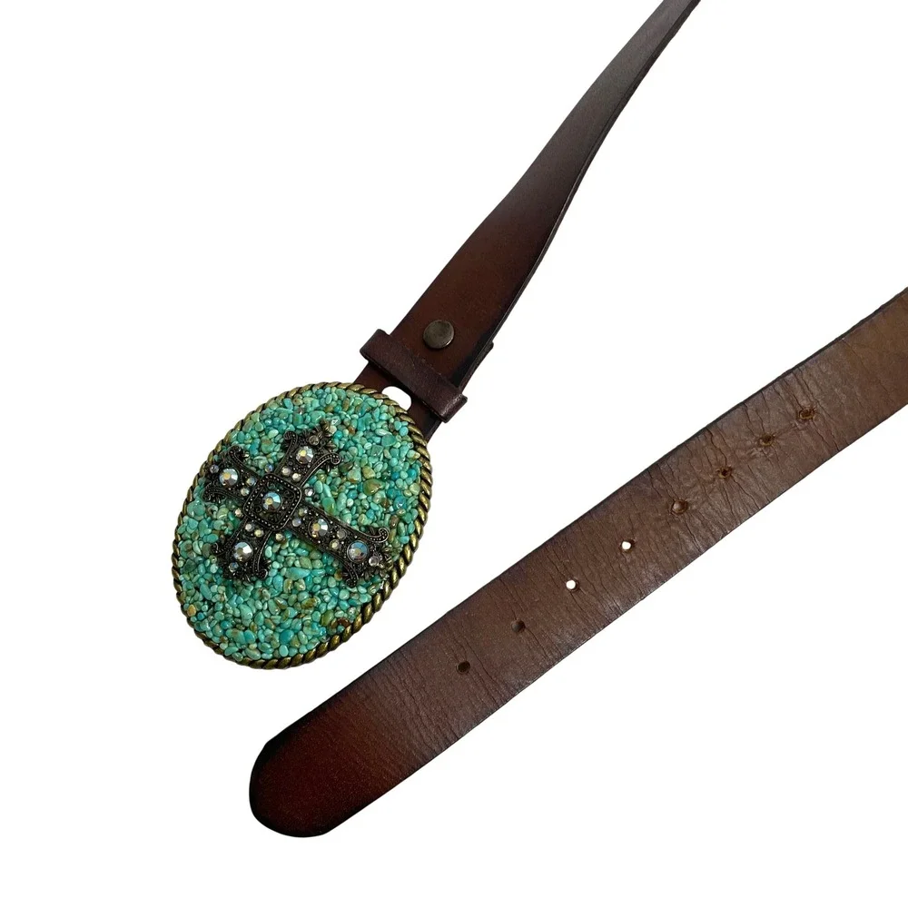 Vintage Leather Rhinestone statement belt Cross Turquoise‎ Size 36 boho western